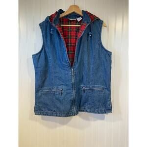North Style Denim Vest Womens Large Red Plaid Lined Full Zip Hooded, 90s